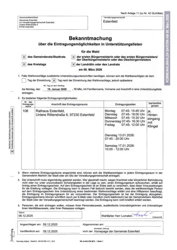 Bekanntmachung über die Eintragungsmöglichkeiten in Unterstützungslisten 