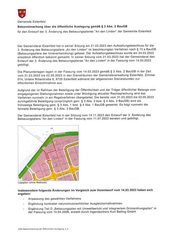 Bekanntmachung erneute Öffentliche Auslegung An den Linden